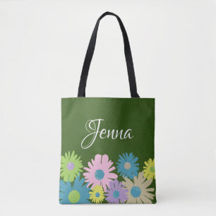 Tote Bag Fleur personnalisée marguerite rose bleu vert