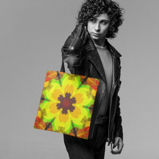 Tote Bag Fleur rétro Mandala jaune orange et vert
