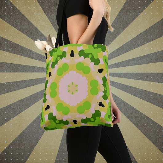 Tote Bag Fleur Retro Mandala jaune vert et blanc