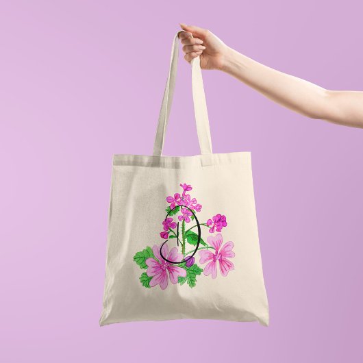 Tote Bag Fleur rose à l'aquarelle avec votre initiale 1 côt