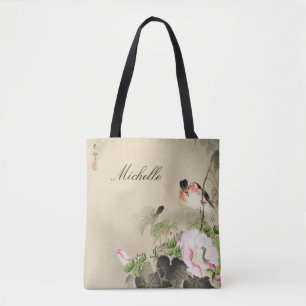 Tote Bag Fleur rose d'oiseau Vintage japonaise Imprimer