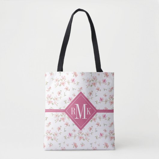 Tote Bag Fleur rose molle d'aquarelle du monogramme | (Devant)