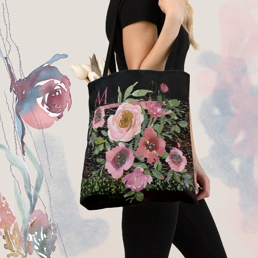 Tote Bag Fleur rose noir