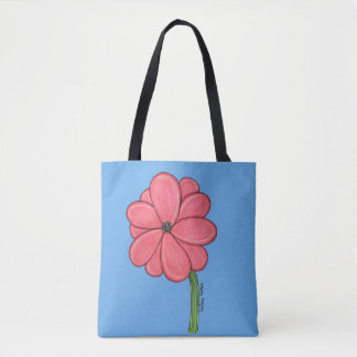 Tote Bag Fleur rose pleine avec fond bleu