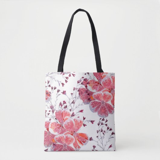 Tote Bag Fleur rouge rose sur blanc. (Devant)
