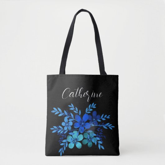 Tote Bag Fleur sauvage bleu Boho Script Nom personnalisé (Devant)