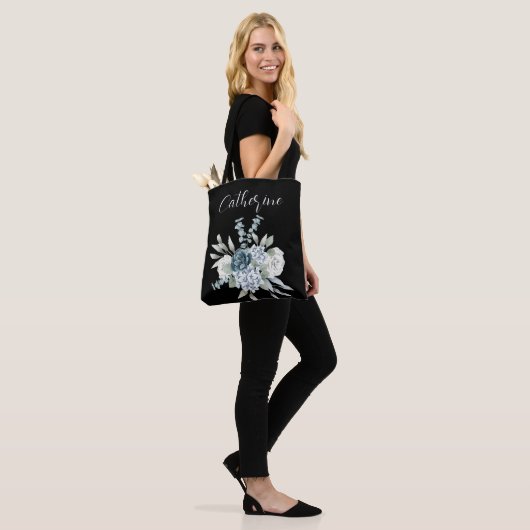 Tote Bag Fleur sauvage bleu Boho Script Nom personnalisé (Sur le modèle)