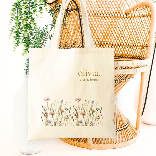Tote Bag Fleur sauvage Monogramme Nom Élégant Floral