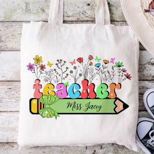 Tote Bag Fleur sauvage Nom de l'enseignant Personnalisé, ca