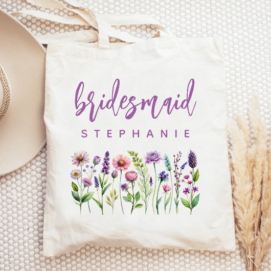Tote Bag Fleur sauvage personnalisé purple Script Bridesmai