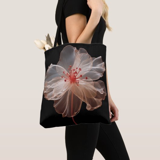 Tote Bag Fleur translucide élégante sur le noir (De près)