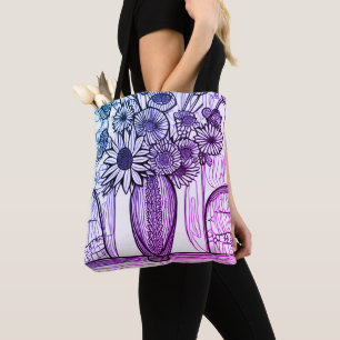 Tote Bag Fleur Vase Line Dessin Violet bleu Floral Art