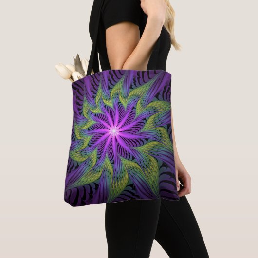 Tote Bag Fleur verte violette Art abstrait fractal moderne (De près)