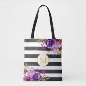 Tote Bag Fleur violette moderne Noir Blanc Or Bridesmaid (Devant)