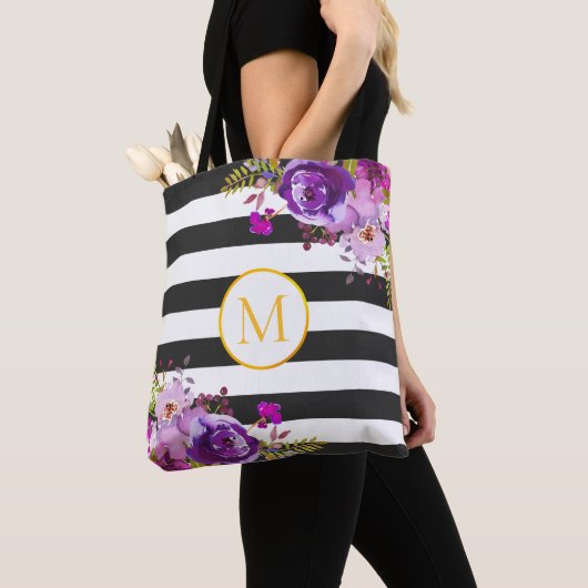 Tote Bag Fleur violette moderne Noir Blanc Or Bridesmaid (De près)
