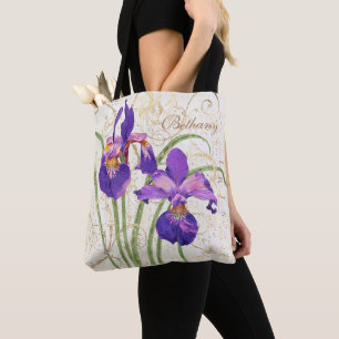 Tote Bag fleuri violet Iris Gold Damask Monogramme Nom