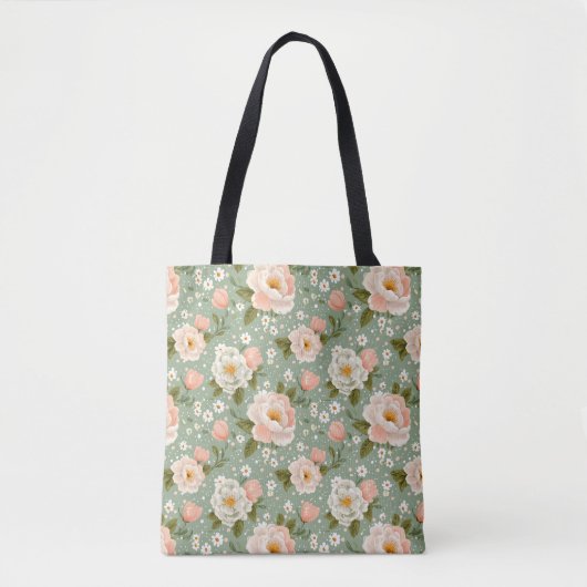 Tote Bag Fleurs à l'aquarelle pêche et vert (Devant)