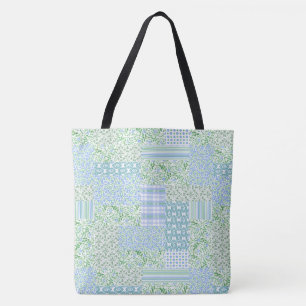 Tote Bag Fleurs à perches bleues Vintage Faux Patchwork