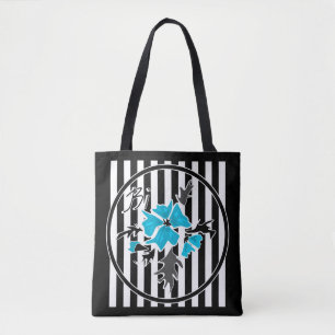 Tote Bag Fleurs abstraites bleues floral blanc noir