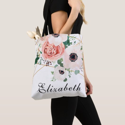 Tote Bag Fleurs Aquarelle Rose Corail (De près)
