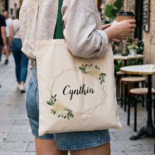 Tote Bag Fleurs Aquarelle Vert Naturel Ivoire Or