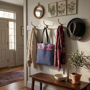 Tote Bag fleurs aquarelles et denim bordeaux