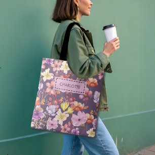 Tote Bag Fleurs aquarelles romantiques nom et citation pers