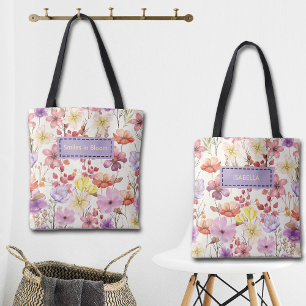 Tote Bag Fleurs aquarelles romantiques nom et citation pers