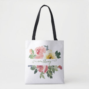Tote Bag Fleurs aquarelles rose et jaune personnalisées