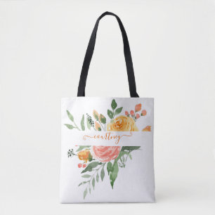 Tote Bag Fleurs aquarelles rose et orange personnalisées