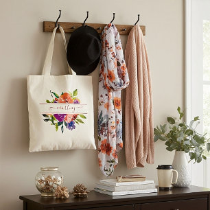 Tote Bag Fleurs aquarelles violettes et orange personnalisé
