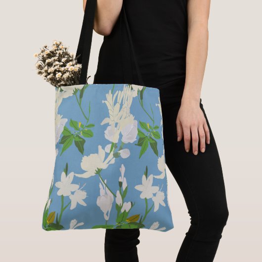 Tote Bag Fleurs blanches 1 bleu clair (De près)