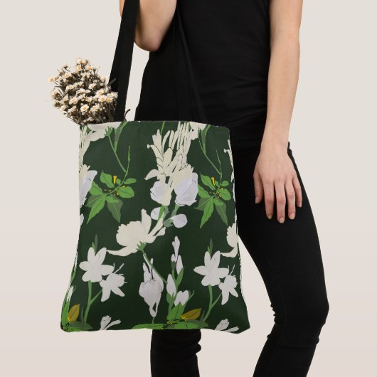 Tote Bag Fleurs blanches 1 vert foncé (De près)