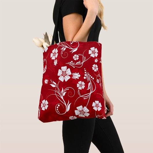 Tote Bag Fleurs blanches Arrière - plan rouge
