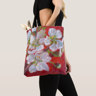 Tote Bag Fleurs blanches d'arbre sur l'arrière - plan roug