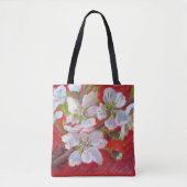 Tote Bag Fleurs blanches d'arbre sur l'arrière - plan rouge (Devant)