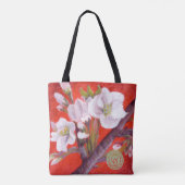 Tote Bag Fleurs blanches d'arbre sur l'arrière - plan rouge (Dos)