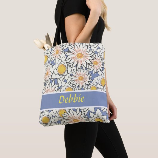 Tote Bag Fleurs blanches en bleu (De près)