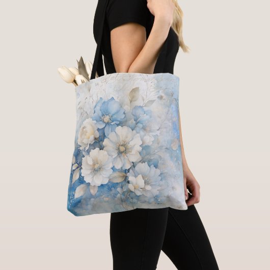 Tote Bag Fleurs blanches et bleues (De près)