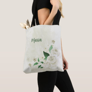 Tote Bag fleurs blanches ivoire verdure