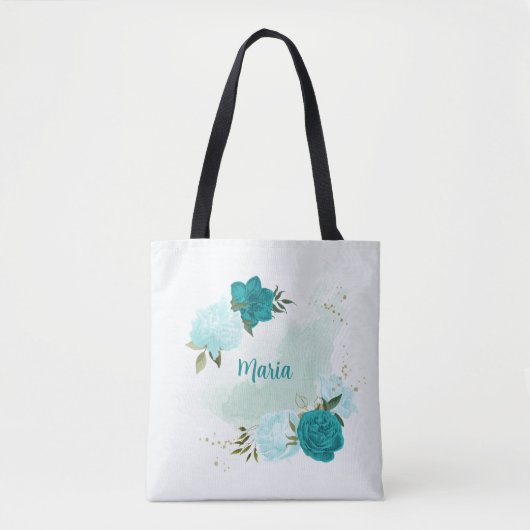 Tote Bag fleurs bleu clair turquoise (Devant)