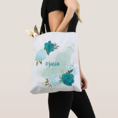 Tote Bag fleurs bleu clair turquoise (De près)