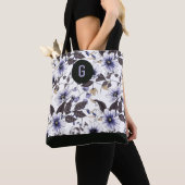 Tote Bag Fleurs bleu clair vert feuille personnalisé monogr (De près)