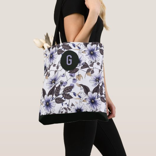 Tote Bag Fleurs bleu clair vert feuille personnalisé monogr (De près)