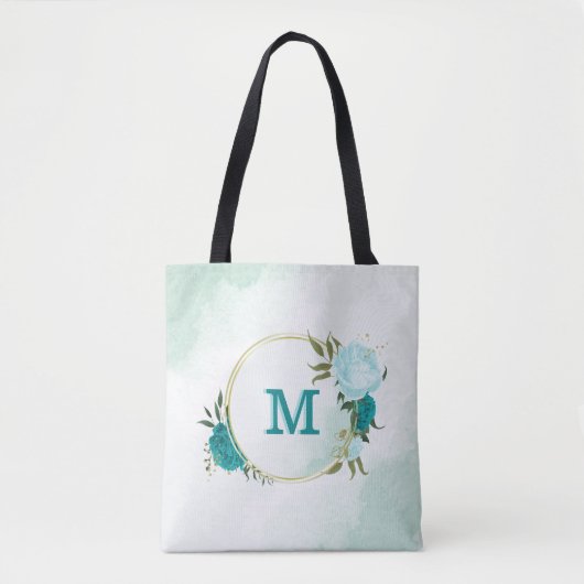 Tote Bag fleurs bleu turquoise clair  (Devant)