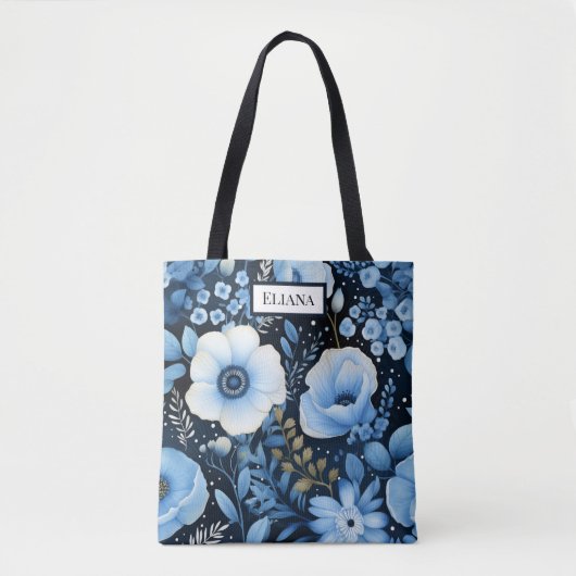 Tote Bag Fleurs bleues Aquarelle avec votre nom | (Devant)