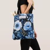 Tote Bag Fleurs bleues Aquarelle avec votre nom | (De près)
