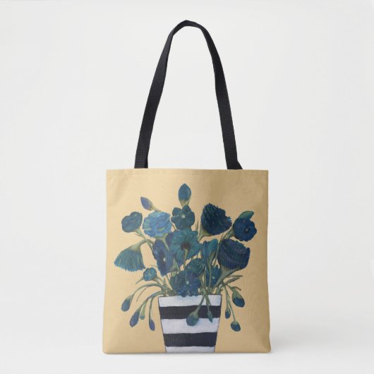 Tote Bag Fleurs bleues avec des beaux-arts rayés de vase (Devant)