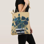 Tote Bag Fleurs bleues avec des beaux-arts rayés de vase (De près)