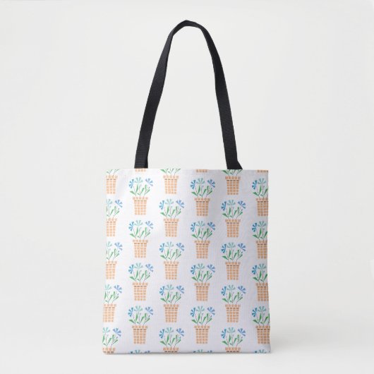 Tote Bag Fleurs bleues dans des pots tissés (Devant)